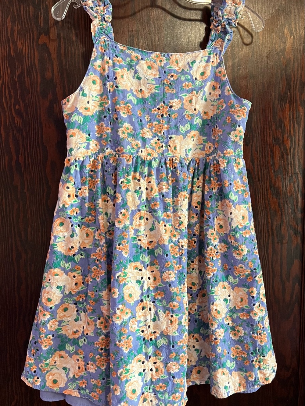 btween periwinkle blue Floral Eyelet Dress with Peach Blooms